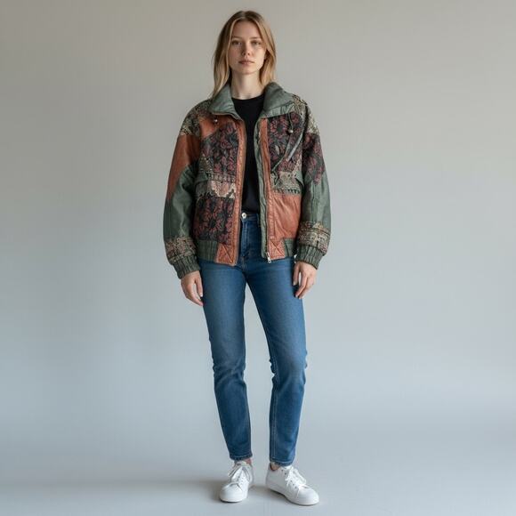 VTG 80s East West Patchwork Bomber Puffer Jacket Womens M Boho Cowgirl Grunge - Picture 1 of 16